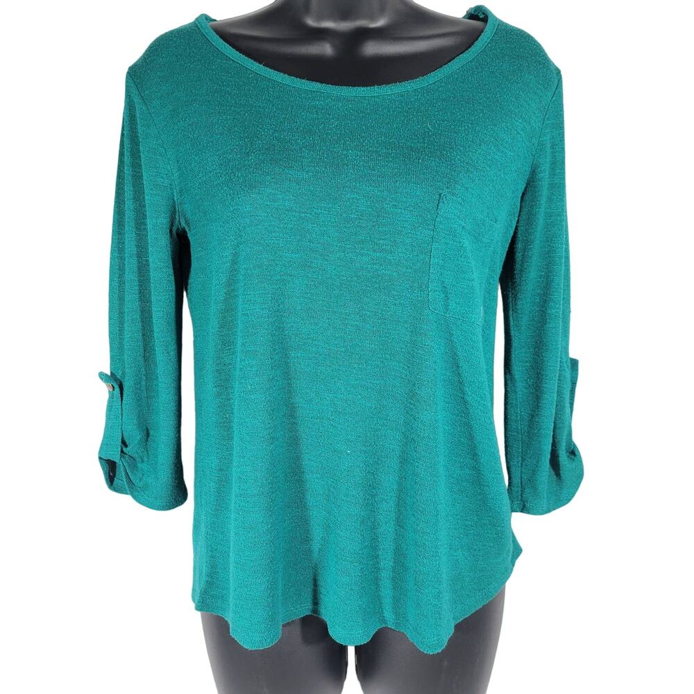 Charming Charlie Teal Green Button Back Roll Tab Sleeve Top Womens Size S